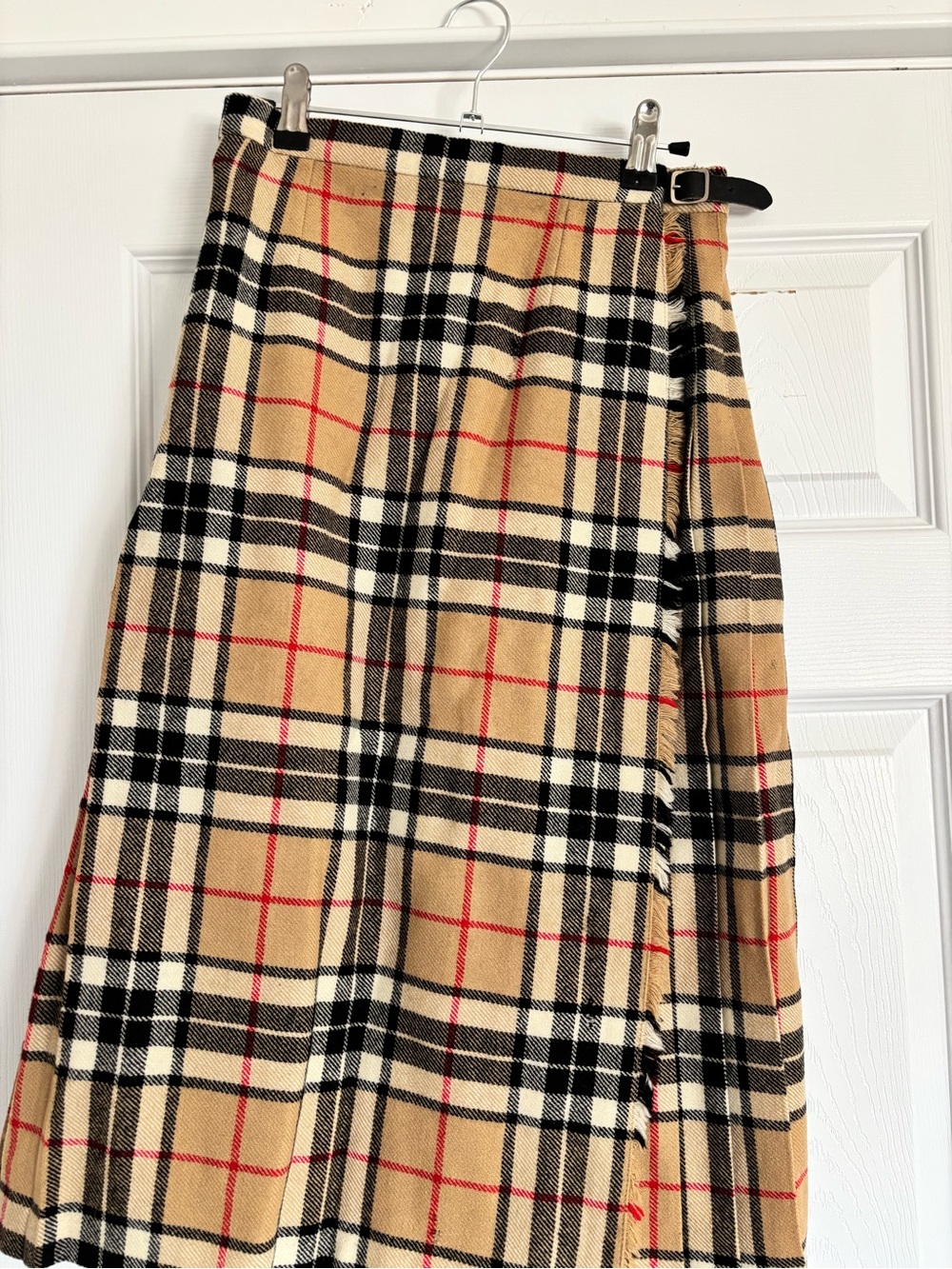 Wool Beige Plaid Wrap Skirt with Leather Buckle